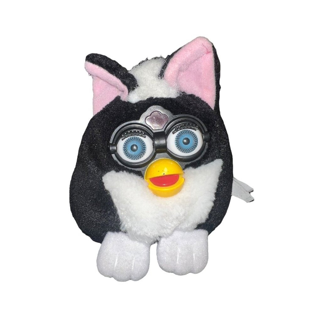 Vintage FURBY Buddies Black With White Blue Eyes Bean Bag Plush Tiger‎ Toys 1999